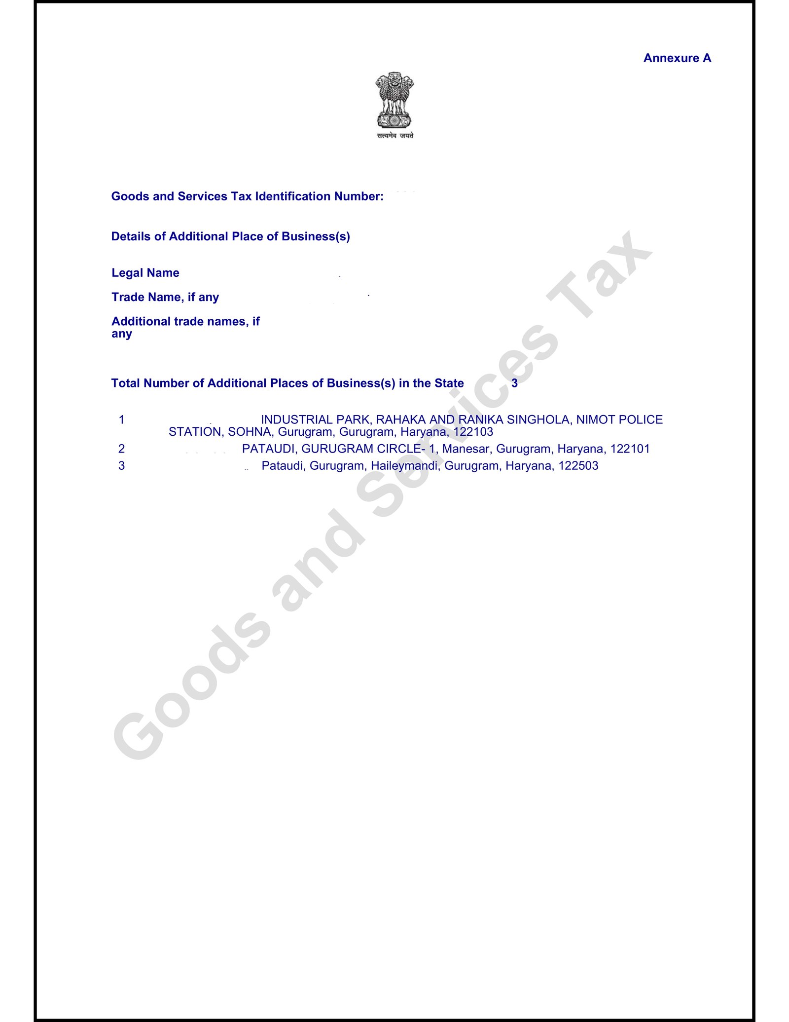 Sample GST Registration Certificate with Additional Place of Business